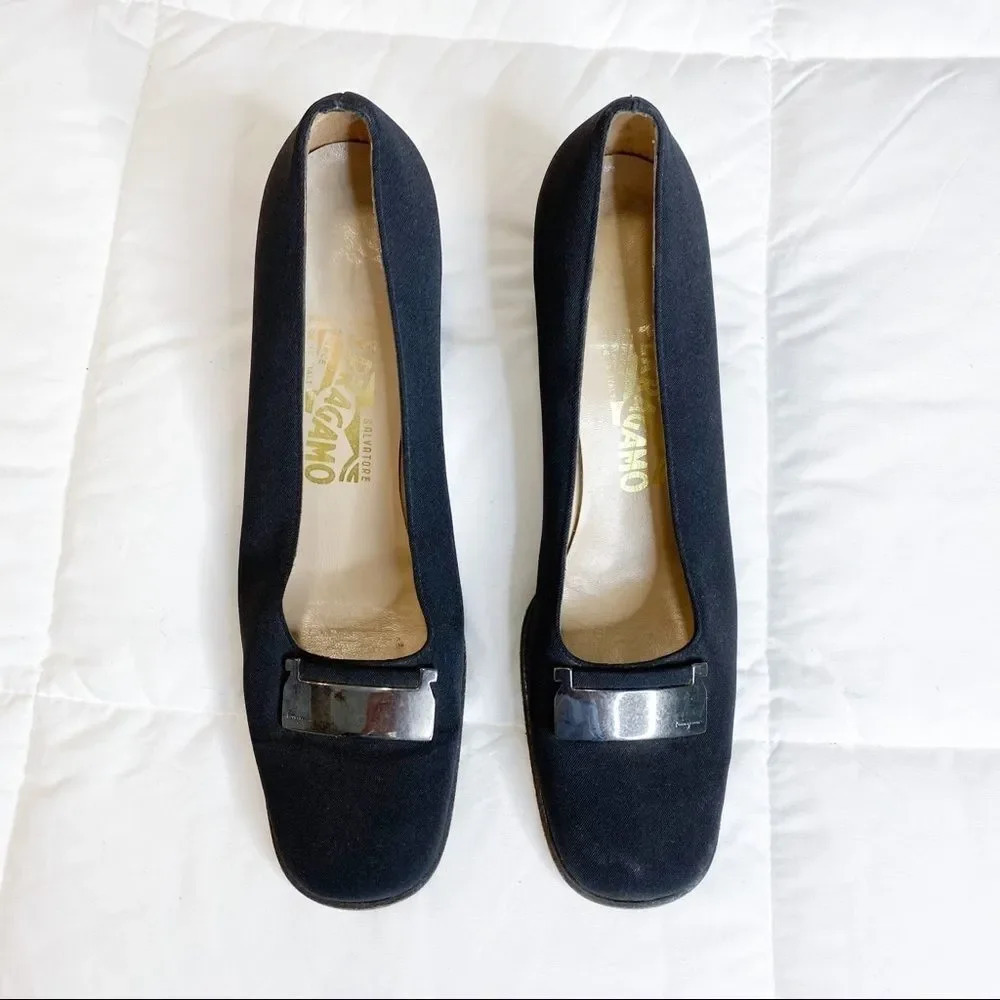 Salvatore Ferragamo | Black Canvas Block Heel Shoes 8.5 AA